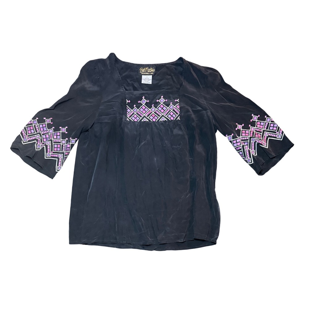 Bob Mackie Wearable Art Blouse Womens Small Black Silk Embroidered 3/4 Sleeve